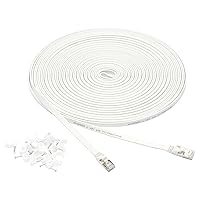 Amazon Basics RJ45 Cat 7 Ethernet Patch Cable, Flat, 600MHz, Snagless, Includes 20 Nails, 50 Foot, White