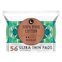 L. Pure Cotton Topsheet Pads for Women, Regular Absorbency, Ultra Thin Pads with Wings, Unscented menstrual pads, 56 Count (Packaging May Vary)