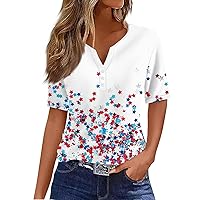 4Th of July Tops for Women Button V Neck Short Sleeve USA Flag Printed Shirts 2024 Independence Day Casual Top