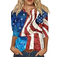 July 4 Tshirt Women Tie Dye 3/4 Sleeve Tops Henley Neck Button Blouses America Shirt Spring Shirt 2024 Basic Tops
