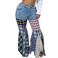 DINGANG Patchwork Jeans for Women High Waisted Straight Leg Denim Pant with Plaid Flared Trim Stretchy Bell Bottoms