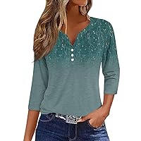 Womens Summer Tops 3/4 Sleeve Dressy Casual Loose Daily Weekend Tops V Neck Button Down Blouses Tees