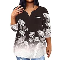 Plus Size Blouse, Women T Shirt Womens Shirts Dressy Casual Womens Fashion 3/4 Sleeve Shirt V Neck Tops Daily Printed Trendy Casual Shirt Plus Size Loose Summer Blouse Womens (Dark Gray,4X-Large)