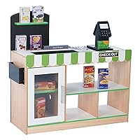 Cashier Austin Interactive Wooden Play Market Stand with Lights and Sounds, Manual Conveyor Belt, Register and Display Spaces, Green and White Décor on Natural Wood