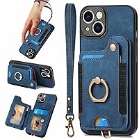 JanCalm for iPhone 14 Case,Phone Case for iPhone 13,Card Holder Wallet,Ring Holder Stand,RFID-Blocking,Wrist Strap,Camera Protector,Leather Protective Magnetic Flip Cover for iPhone 13/14 (Blue)