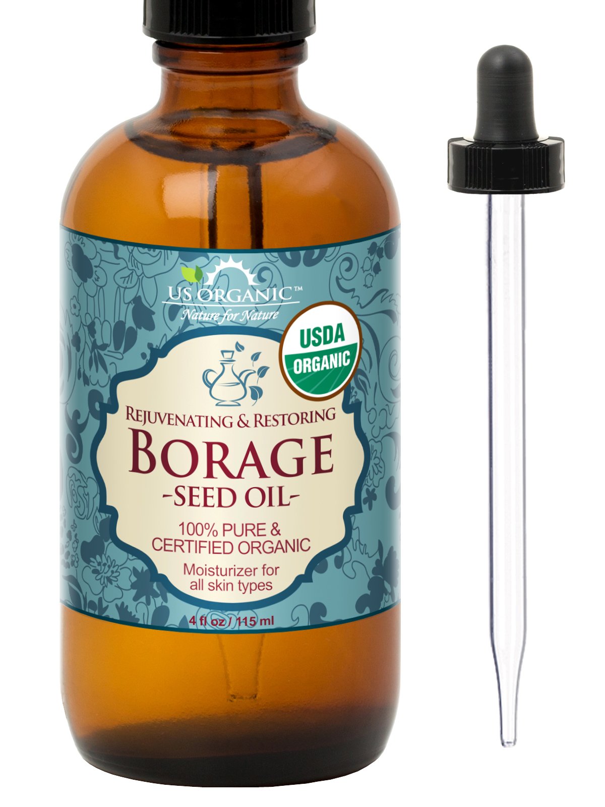 US Organic Borage seed Oil (18% GLA), USDA Certified Organic, 100% Pure & Natural, Cold Pressed, aka Starflower oil, in Amber Glass Bottle w/Glass Eye dropper for Easy Application (4 oz (115 ml))