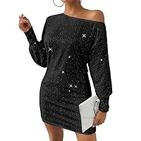 Dresses for Women 2024 Black Asymmetrical Neck Sparkly Oblique Shoulder Dress Fashion Mini Short Dress