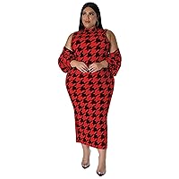 Womens Sexy Plus Size 2 Pieces Houndstooth Print Package Hip Dress Set