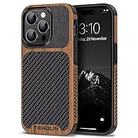 TENDLIN Compatible with iPhone 14 Pro Case Wood Grain with Carbon Fiber Texture Design Leather Hybrid Slim Case Black