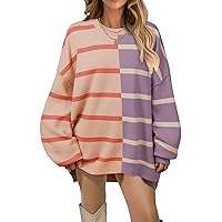 Women's 2024 Striped Oversized Sweater Long Sleeve Color Block Casual Knit Pullover Top