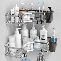 Corner Shower Caddy Shelf Rack: 2 Pack Adhesive Shower Organizer Essentials - No Drilling Stainless Steel Shower Storage Rack with Hooks and Toothpaste Holder - Bathroom Accessories