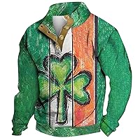 Men's St Patricks Day Sweatshirt Lucky Shamrock Printed Long Sleeve Snap Buttons Stand Collar Casual Pullover Shirts Tops