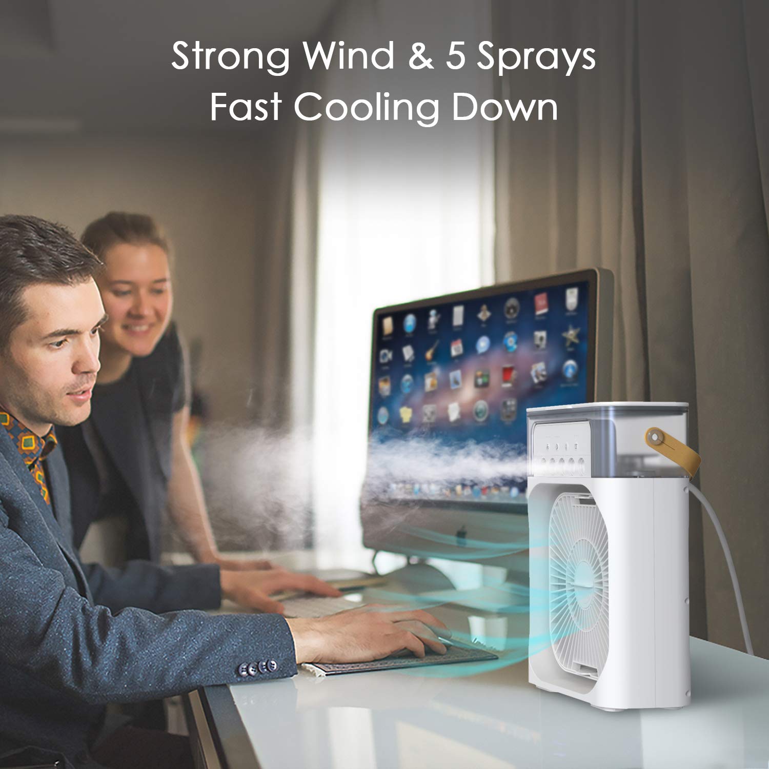 NTMY Portable Air Conditioner Fan, Mini Evaporative Air Cooler with 7 Colors LED Light, 1/2/3 H Timer, 3 Wind Speeds and 3 Spray Modes for Your Desk, Nightstand, or Coffee Table