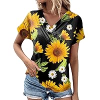 Womens Fashion Tops Trendy Casual Tops for Women Summer Sunflower Print Casual Trendy Button Splice with Short Sleeve V Neck Shirts Dark Gray XX-Large