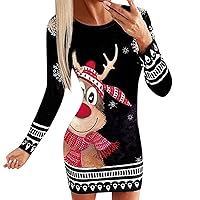 Women's Crewneck Reindeer Printed Long Sleeve Spandex Stretchy Fitted Sexy Christmas Bodycon Mini Club Homecoming Party Elegant Sheath Pencil Dress(Red M)