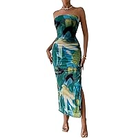 PRETTYGARDEN Women's Summer Maxi Bodycon Dresses Strapless Tube Top Printed Long Party Club Slit Dress