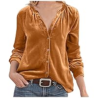 2024 Vintage Velvet Top Women Elegant Long Sleeve Button Up V Neck Shirts Casual Solid Velour Blouses for Going Out