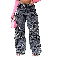 SHINFY Womens Cargo Jeans Y2K Baggy High Waisted Wide Leg Flap Pockets Denim Cargo Pants