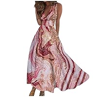 Boho Dresses for Women 2024,Women's Casual Sleeveless V Neck Boho Print Dress Maxi Summer Waist Retraction Sundresses