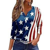 4Th of July 3/4 Sleeve Tops for Women Summer Trendy Button Down V Neck Shirts Patriotic Stars Graphic Tees Blouses