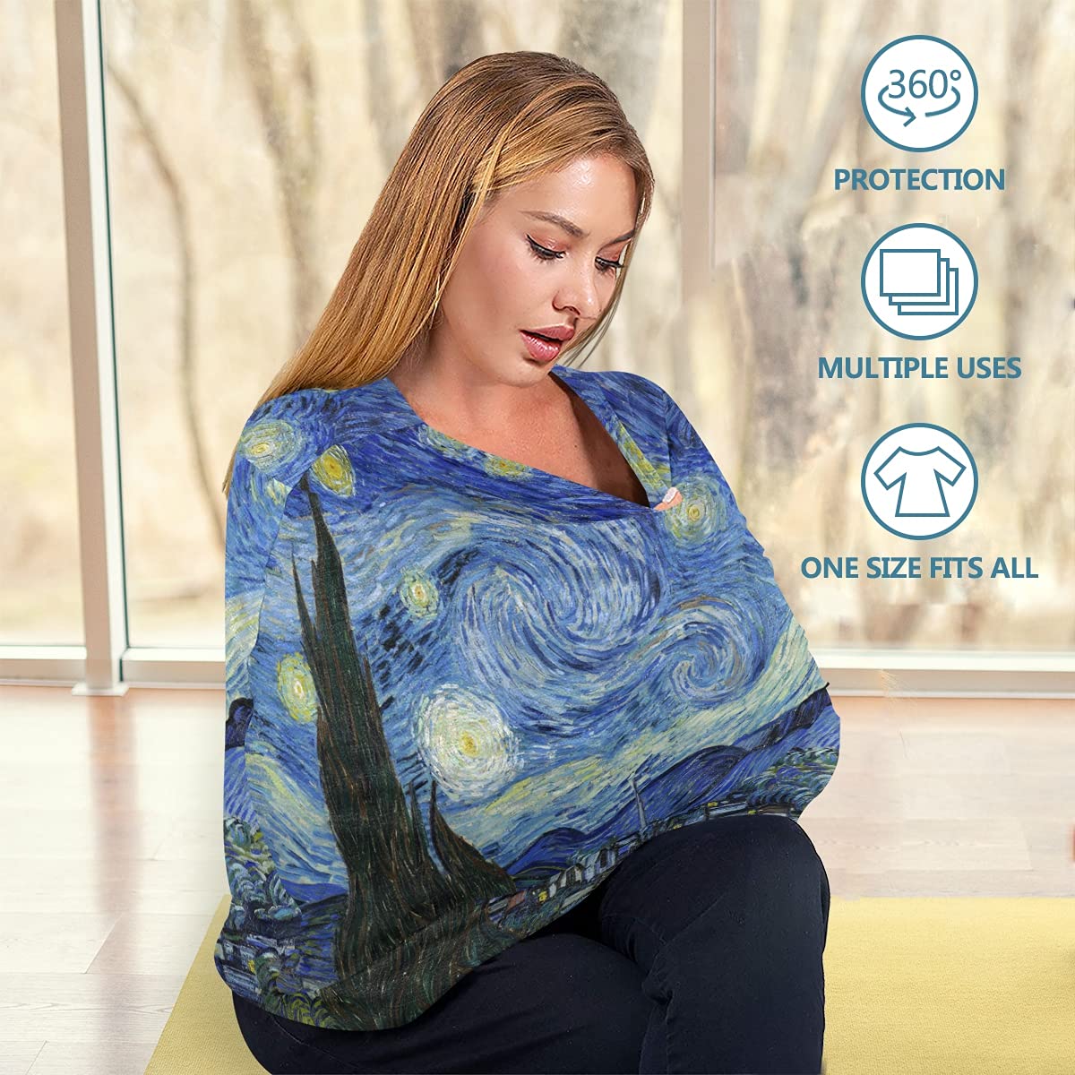 Van Gogh Starry Night Pattern Nursing Cover Breastfeeding Scarf, Stretchy Infant Carseat Canopy Multi-use Stroller Cover Car Seat Cover for Baby Girl Boy