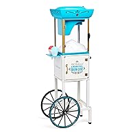Snow Cone Shaved Ice Machine - Retro Cart Slushie Machine Makes 48 Icy Treats - Includes Metal Scoop, Storage Compartment, Wheels for Easy Mobility - White, Blue