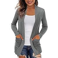 Women's Long Sleeve Cable Knit Cardigan Sweaters Open Front Casual Fall Winter Solid Color Slim Fit Chunky Knit Outwear Coat with Pockets(Gray S)