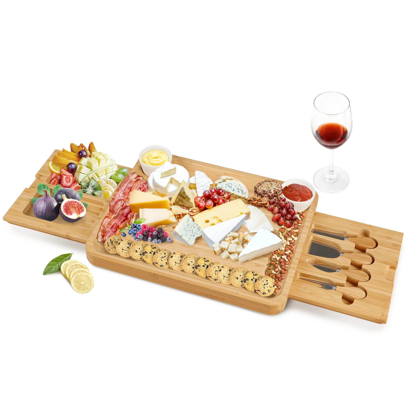 Secura Cheese Board Set, Bamboo Charcuterie Board Meat Platter Serving Tray and Knife Set with 2 Ceramic Bowls, Gift for Mother's Day Easter Thanksgiving Christmas Housewarming Wedding Anniversary