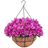 Ouddy Decor Artificial Hanging Flowers in Basket, Silk Azalea Flowers with Coconut Lining Hanging Baskets Outdoor Fake Hanging Plants Spring Flowers for Yard Patio Front Porch Home Decor, Purple