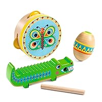 DJECO Animambo 3 Pc Set - Guiro, Maracas, Tambourine - Safe Music Instrument for Kids, Educational Toddler Musical Toy for Motor Skills, Creativity, Imagination & Rythym - Toys Girls & Boys