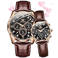 OLEVS Valentines Couple Pair Quartz Watches His and Her Couple Set Leather Chronograph Diamond Wrist Watch Men Women Lovers Wedding Romantic Gifts Set of 2