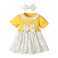 Toddler Girls Short Sleeve Ruffles Bowknot Floral Prints Princess Dress Headbands Set Girl Clothes Size 4