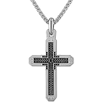 Bulova Jewelry Men's Rhodium Plated Sterling Silver Cross Pendant Necklace with Black Diamond Inlay,Sterling Silver Round Box Link Chain,Length 24