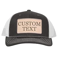 Custom Engraved C112 Trucker Hat - Your Text Here - Personalized Text - Lt Brown Leather Patch CP07