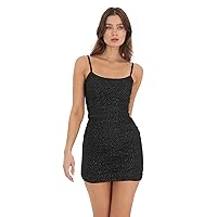 Women's Mini Black Bodycon Ruched Party Cocktail Dress, Twinkling Mesh with Silver Shimmer Outfit