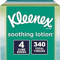 Kleenex Soothing Lotion Tissues with Aloe, Coconut Oil and Vitamin E, 4 cube boxes, 1 Cube Box containe 85 Tissues. Total of 340 Tissues. Assortment Colors.