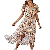 Womens 2024 Floral Boho Dress Wrap V Neck Short Sleeve A-Line Flowy Maxi Dresses Ruffle Hem Split Beach Long Sundress