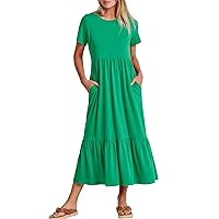 Prinbara Women's Summer Casual Short Sleeve Crewneck Basic Swing T Shirt Dress Flowy Beach Vacation Sundress