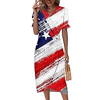 4th of July Dresses for Women 2024 Summer Casual Buttons Wrap Hem Independence Day Amercian Flag Print Party Dress