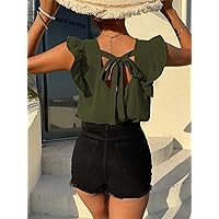 Women's Tops Women's Tops and Blouses Butterfly Sleeve Tie Back Top Women's Tops Casual (Color : Army Green, Size : Large)