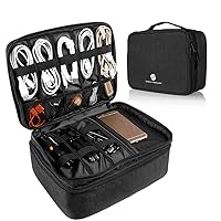 Travel Electronics Organizer, Waterproof Cable Organizer Bag for Electronic Accessories Double Layer Large Shockproof Cable Storage Bag for Cord, Power Bank, Tablet(Up to iPad 11 inch) - Black