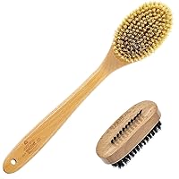 Kent FD10 Beechwood Wood Long Handle Shower Bath Body Brush. for Skin Exfoliate and Massage and NB2 Natural Bristle Fingernail Brush and Hand Scrub Brush for Nails