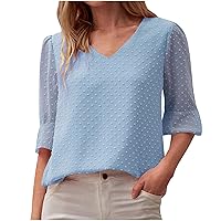 Chiffon Blouse for Women Elegant Casual Swiss Dots Tshirt V Neck 3/4 Sleeve Summer Basic Tees Solid Color Plain Tops