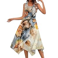 Women's Casual Fashion Round Neck Sleeveless Floral Print Irregular Hem Midi Dress,Flowy Dresses for Women