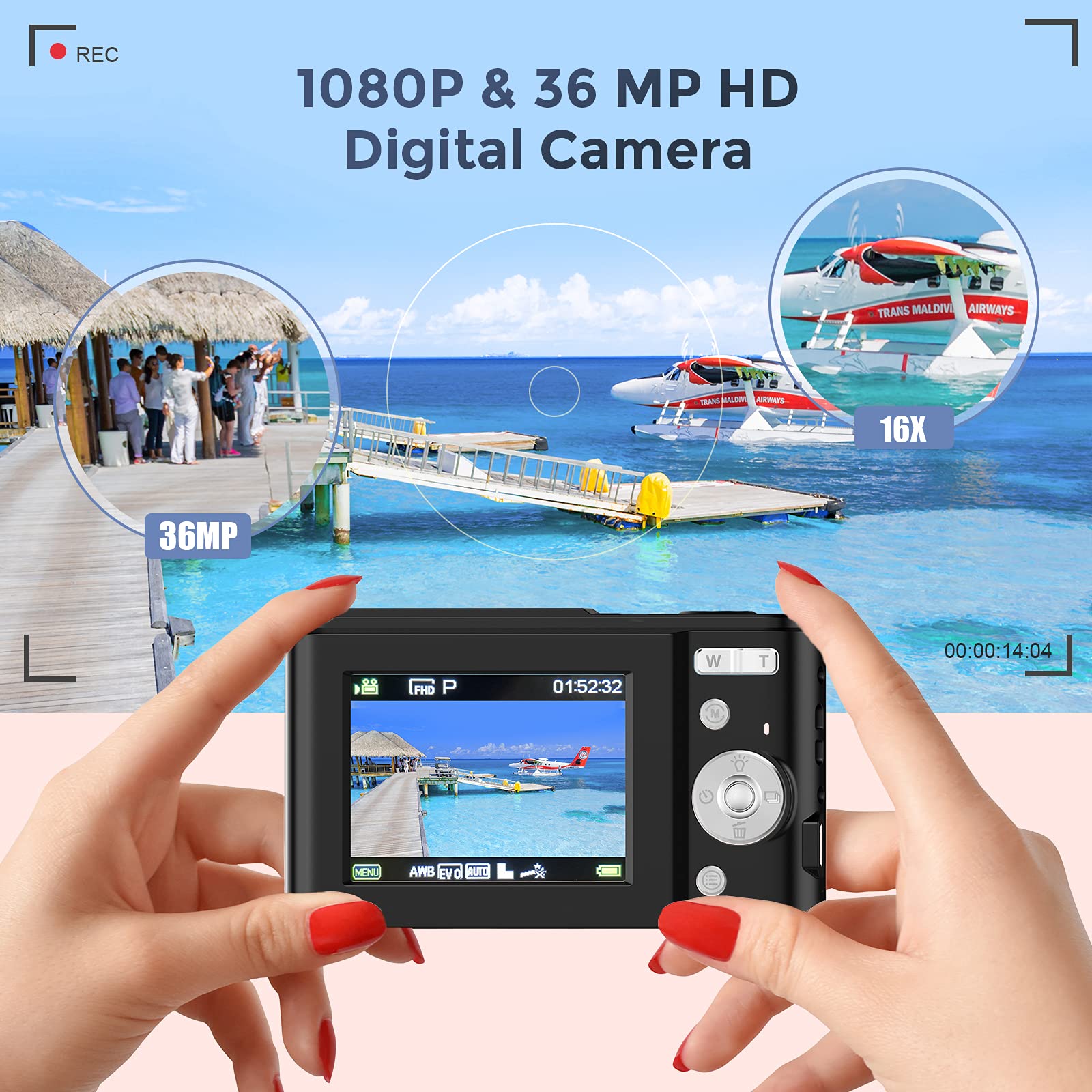 TOBERTO HD Digital Camera, 1080P Vlogging LCD Mini Camera with 16X Zoom 36MP Digital Point and Shoot Camera Video Camera, for Kids Students Beginners Beauty Face