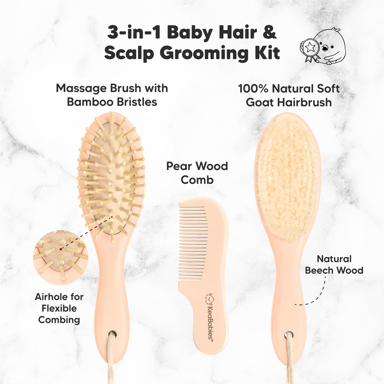 KeaBabies Baby Hair Brush and Baby Comb Set and 6-Pack Bamboo Baby Washcloths for Newborn - Wooden Baby Brush with Soft Goat Bristle, Organic Baby Wash Cloth