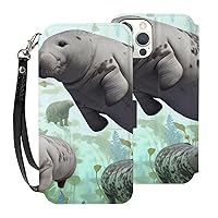 Rabbits Manatees Wallet Cases for iPhone 12 Pro with Card Holder - Flip Leather Phone Wallet Case Cover with Card Slots and Wrist Strap,6.1 Inch