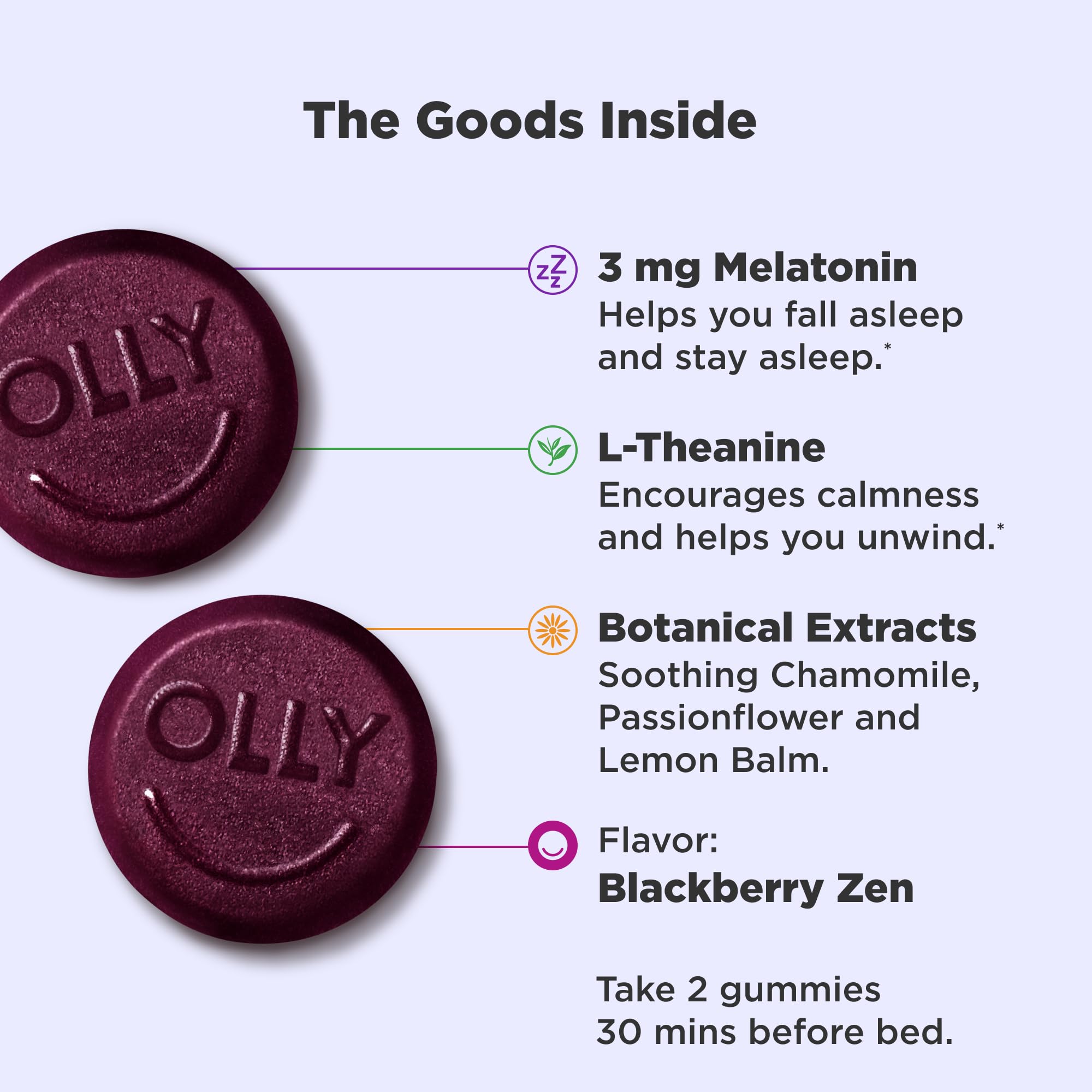 OLLY Sleep Gummy, Occasional Sleep Support, 3 mg Melatonin, L-Theanine, Chamomile, Lemon Balm, Sleep Aid, Blackberry, 50 Count