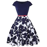 Women's Cocktail Party Dress Boatneck Cap Sleeve 1950 Retro Swing Dress Floral A-Line Rockabilly Prom Homecoming Dress