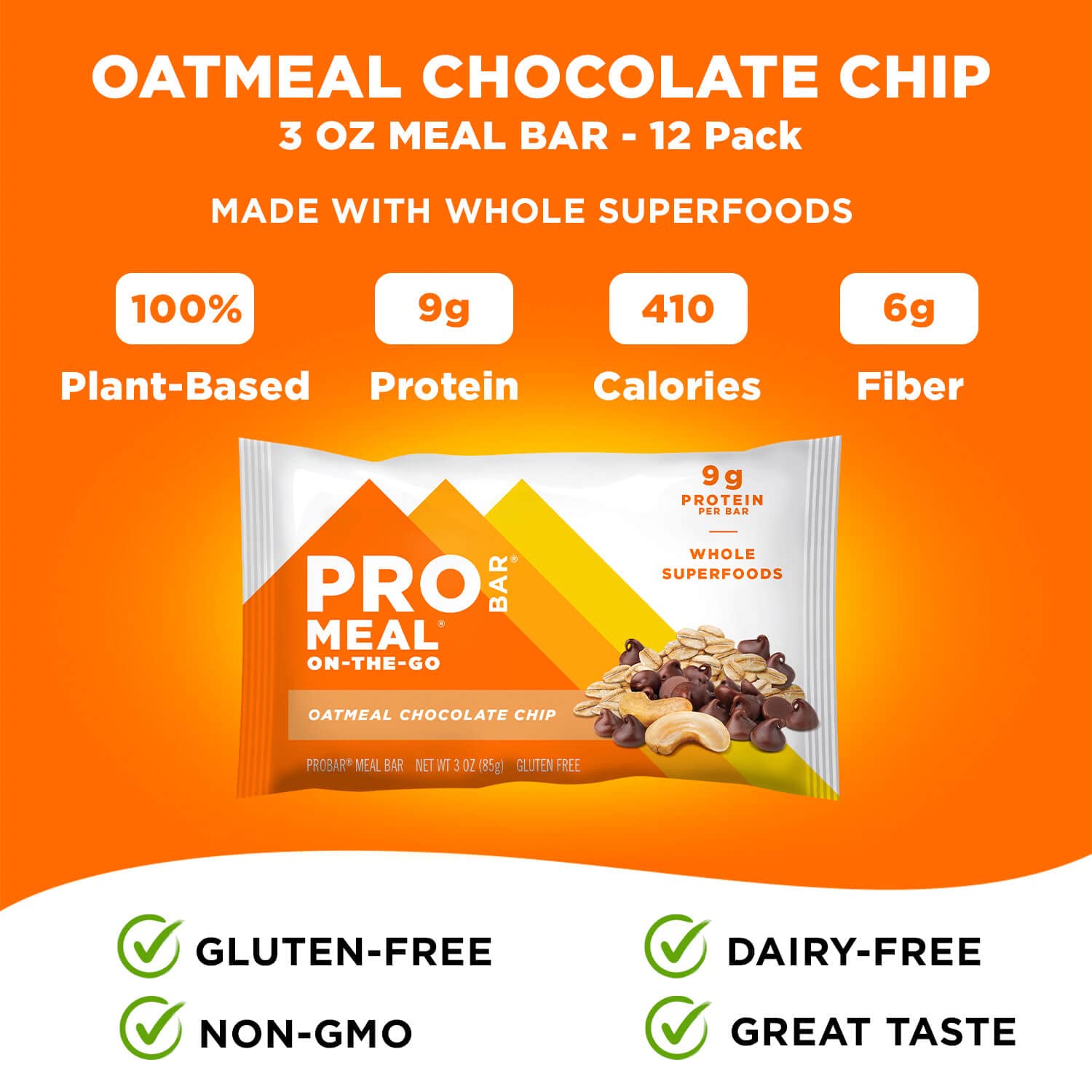 PROBAR - Meal Bar, Oatmeal Chocolate Chip, Non-GMO, Gluten-Free, Healthy, Plant-Based Whole Food Ingredients, Natural Energy, 3 Ounce (Pack of 12)